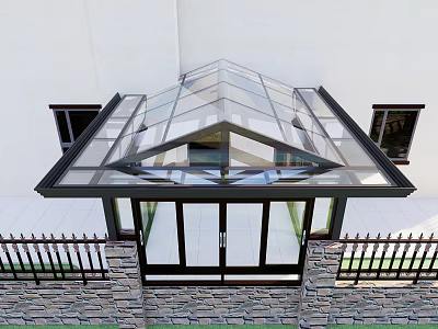 Modern Glass Roof Garden Pavilion with Transparent Geometric Structure and Stone Wall Railing 3d model