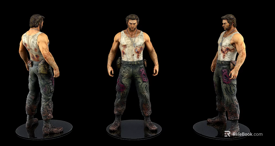 Muscular Man Action Figure in White Tank Top with Bloody Stained Pants 3d model 