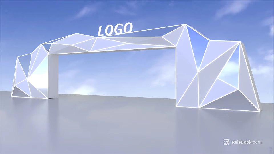 Modern Geometric Archway with LOGO White Polygonal Structure against Blue Sky and White Clouds 3d model 