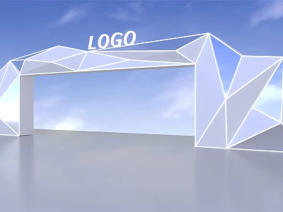 Modern Geometric Archway with LOGO White Polygonal Structure against Blue Sky and White Clouds 3d model
