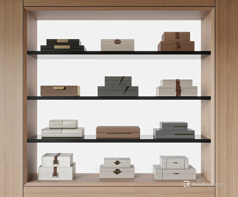 Decorative Ornament Set With Various Colored Boxes On Multiple Shelves In Wooden Frame Display Cabinet 3d model 