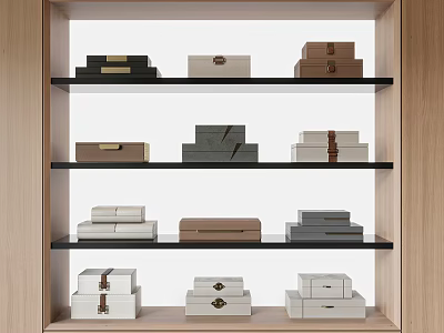 Decorative Ornament Set With Various Colored Boxes On Multiple Shelves In Wooden Frame Display Cabinet 3d model