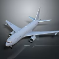 White Commercial Airplane Model Display With Twin Engines Extended Wings And Tail On Dark Background