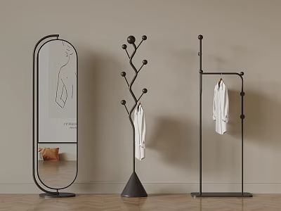 Modern Interior Featuring Full Length Mirror Tree Shaped And Standing Clothes Racks 3d model
