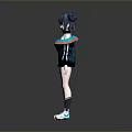 Anime Game Character Featuring Twin Buns Dark Hair Blue Orange Accents Coat Shorts Socks Sneakers
