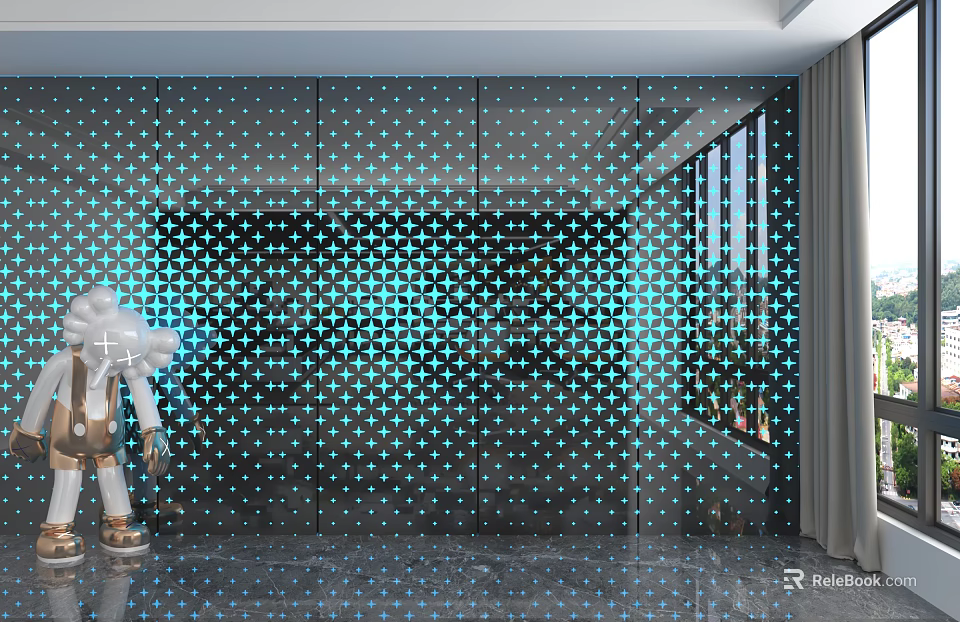 Modern Dark Colored Wall Panels With Blue Dotted Pattern In Living Room Interior 3d model