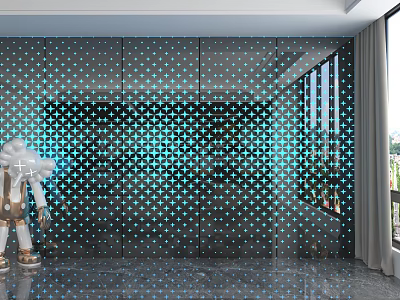 Modern Dark Colored Wall Panels With Blue Dotted Pattern In Living Room Interior 3d model