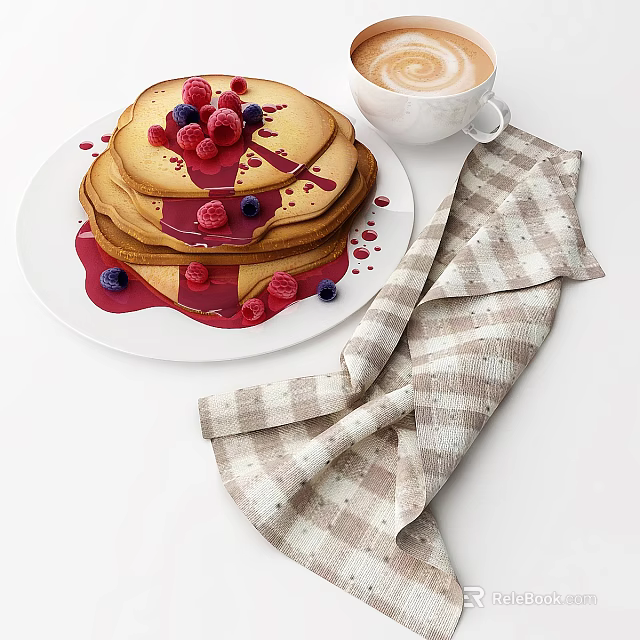 Fluffy Pancakes Stack Topped with Fresh Raspberries Blueberries Served with Coffee and Plaid Cloth 3d model 