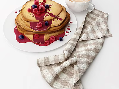 Fluffy Pancakes Stack Topped with Fresh Raspberries Blueberries Served with Coffee and Plaid Cloth 3d model