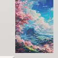 Cherry Blossom Landscape Painting With Pink Flowers Blue Sky Clouds And Mountain View