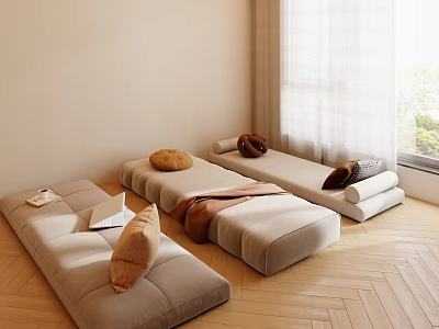 Minimalist Modern Rest Space With Light Daybeds Decorative Cushions Herringbone Wooden Floor And Sheer Curtains 3d model