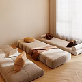Minimalist Modern Rest Space With Light Daybeds Decorative Cushions Herringbone Wooden Floor And Sheer Curtains