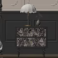 Wooden Leaf Pattern Cabinet with Gold Table Lamp and Vase on Dark Decorative Wall