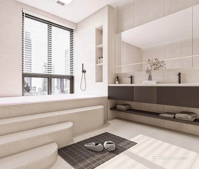 Modern Bathroom Interior With Bathtub Window Blinds Mirror Double Vanity Cabinets And Rug 3d model 