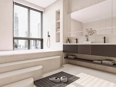 Modern Bathroom Interior With Bathtub Window Blinds Mirror Double Vanity Cabinets And Rug 3d model