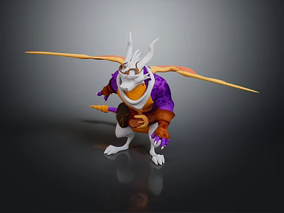3D Fantasy Character Model With White Horned Head Purple Body And Yellow Orange Wings 3d model