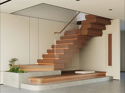 Modern Wooden Staircase With Glass Railing Floating Steps And Green Plant In Interior 3d model