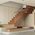 Modern Wooden Staircase With Glass Railing Floating Steps And Green Plant In Interior