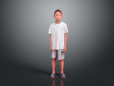 Young boy standing wearing white T-shirt gray shorts and gray shoes on gray gradient background 3d model
