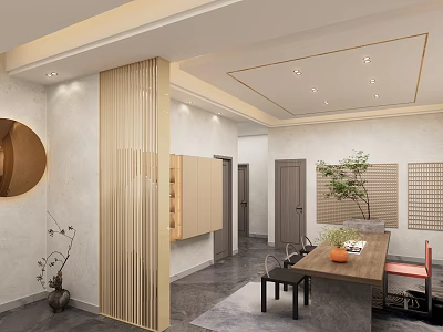 Modern Minimalist Tea Room With Wooden Screen And Greenery 3d model