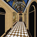 KTV Corridor Interior Design With Beige Walls Arched Doors And Checkered Floor