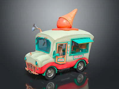 Vintage Ice Cream Truck With Large Cone On Roof Pastel Body And Red Base 3d model