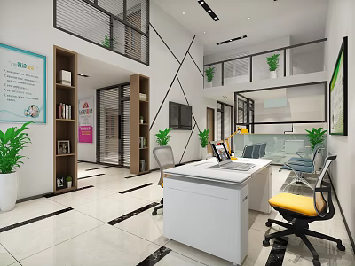 Modern Bright Service Hall Interior With Desks Computers Green Plants And Bookshelves 3d model
