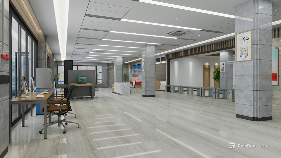 Spacious Service Hall Interior With Reception Desk Waiting Seats And Bright Lighting 3d model 