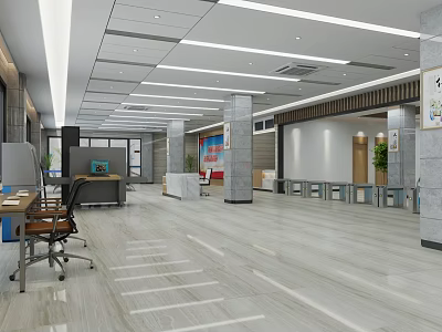Spacious Service Hall Interior With Reception Desk Waiting Seats And Bright Lighting 3d model
