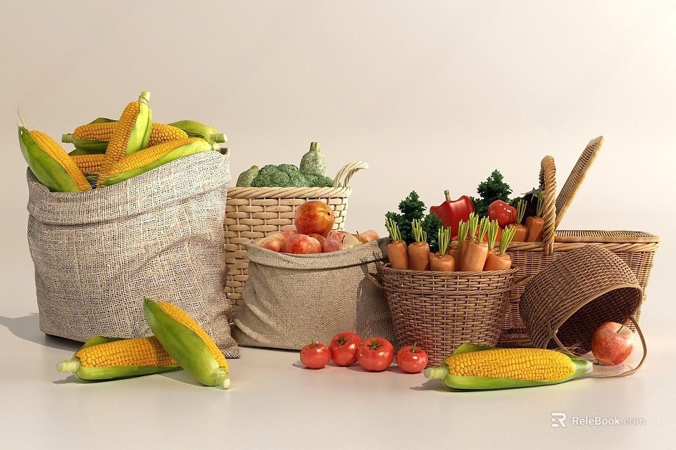 Fresh Vegetables Including Corn Zucchini Tomatoes Carrots In Burlap Sacks And Wicker Baskets 3d model 