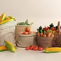 Fresh Vegetables Including Corn Zucchini Tomatoes Carrots In Burlap Sacks And Wicker Baskets