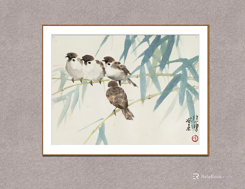 Traditional Chinese Animal Painting of Sparrows Perched on Bamboo Branches with Green Leaves 3d model 