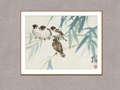 Traditional Chinese Animal Painting of Sparrows Perched on Bamboo Branches with Green Leaves 3d model