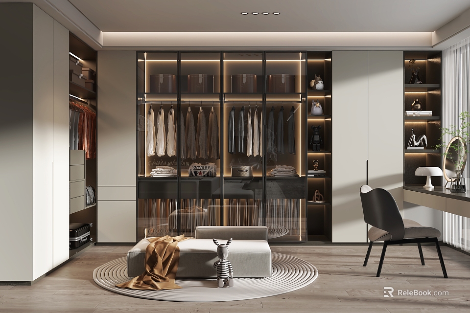 Modern Elegant Walk in Closet Interior with Glass Door Wardrobe Open Storage Dressing Table Bench 3d model 