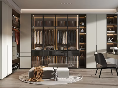 Modern Elegant Walk in Closet Interior with Glass Door Wardrobe Open Storage Dressing Table Bench 3d model