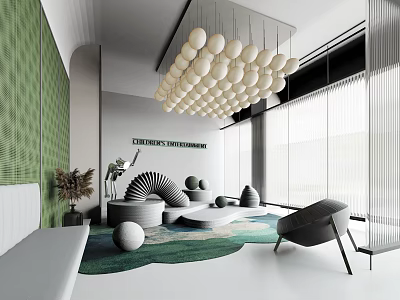 Modern Lounge Area With Spherical Pendant Lights Curved Seating And Green Area Rug 3d model