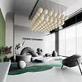Modern Lounge Area With Spherical Pendant Lights Curved Seating And Green Area Rug