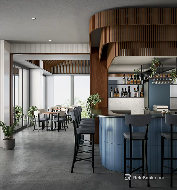 Stylish Modern Bar Interior Featuring Wooden Counter High Stools Dining Area And Green Plants 3d model 