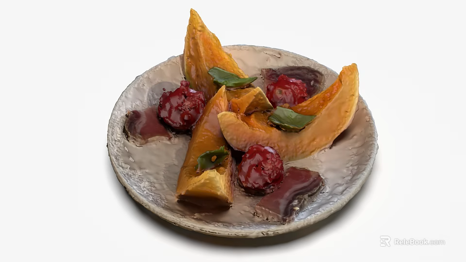 Roasted Pumpkin Slices with Red Sauce and Green Leaf Garnish on Textured Plate 3d model 