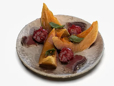 Roasted Pumpkin Slices with Red Sauce and Green Leaf Garnish on Textured Plate 3d model