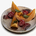 Roasted Pumpkin Slices with Red Sauce and Green Leaf Garnish on Textured Plate