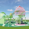 Colorful Children's Park Landscape With Pink Spiral Slide Green Slide Structure And Cartoon Frog