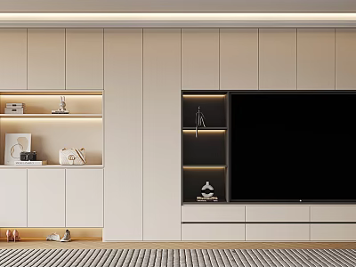 Modern TV Wall Unit Design With Beige Cabinets Open Shelves LED Lighting And Decor 3d model