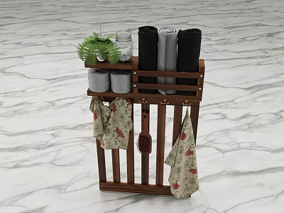 Wooden Bathroom Cabinet Rack With Plant Jars Rolled Towels And Hanging Towels 3d model