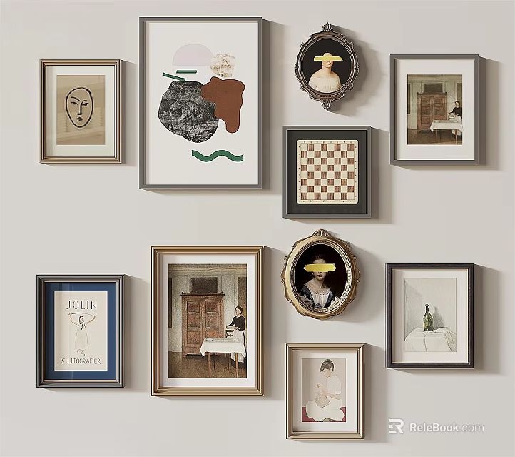 Gallery Wall Display With Various Framed Artworks And Diverse Styles 3d model