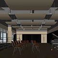 Spacious Fine Arts Classroom With Wooden Ceiling Black Metal Frames Red Chairs And Black Piano