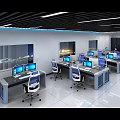 Modern Monitoring Room with Multiple Computer Screens Workstations and Blue Lighting