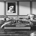 Double Bed With Gray Bedding Footstool Nightstands And Portrait On Trimmed Wall