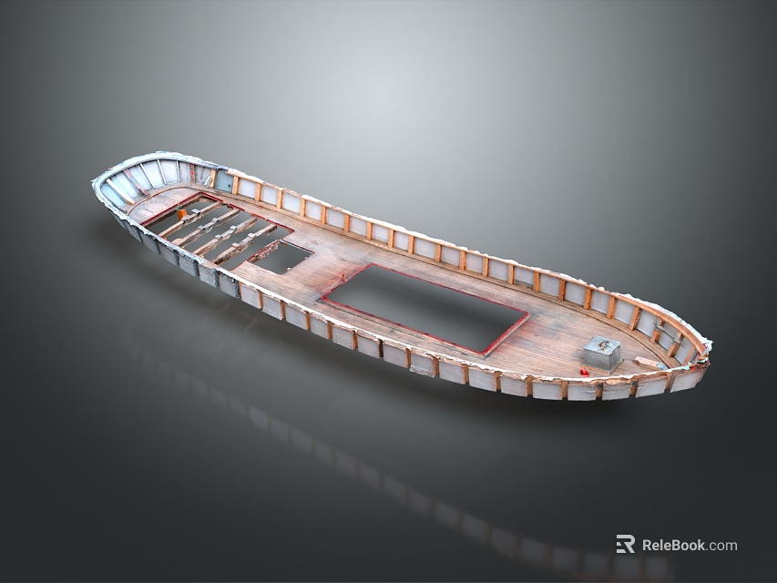 Wooden Boat Model with Detailed Interior Structure White Edges and Reflection on Dark Background 3d model 