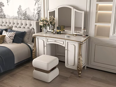 Elegant White Dressing Table With Gold Accents Mirror Stool And Flowers In Bedroom 3d model